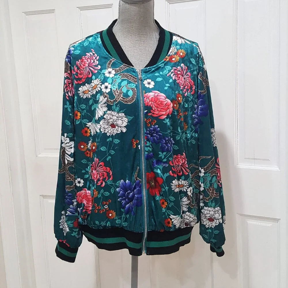 Colleen Lopez Floral Bomber Jacket - Teal and Multicolor - Picture 2 of 4